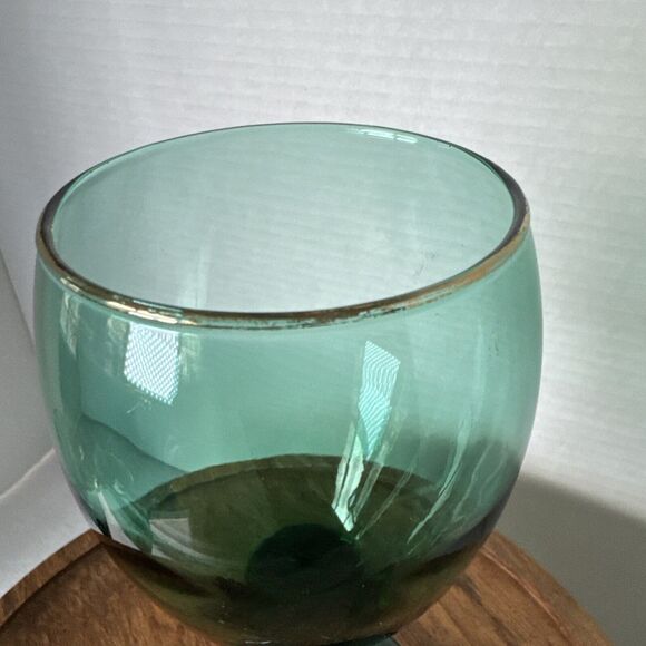 Set of 4  Vintage Libbey Teardrop Juniper Green Wine Goblets Glasses Gold Rims - Picture 15 of 16